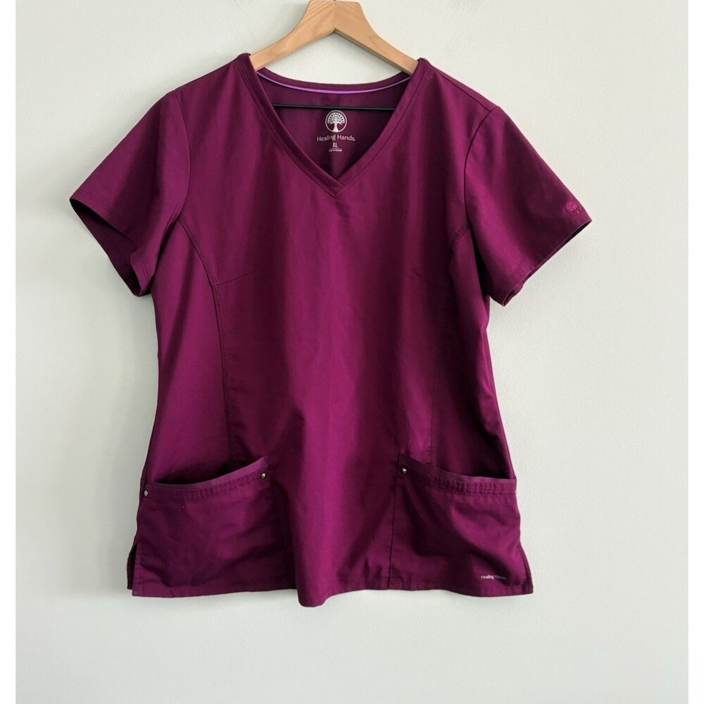 Healing Hands Scrub Top Womens Size XL Juliet V-Neck Wine Burgundy Stretch Yoga